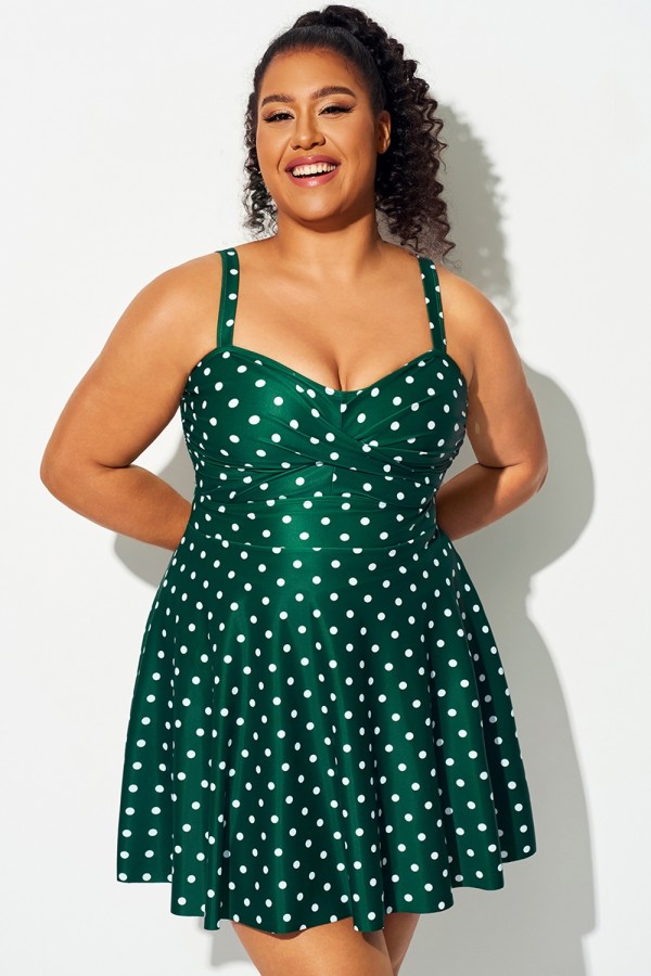 Traje De Baño Con Dobladillo Ondulado Y Estampado Cruzado De Lunares Verdes