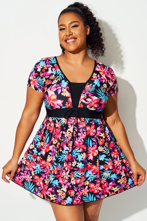Vestido de baño de manga corta con estampado floral multicolor