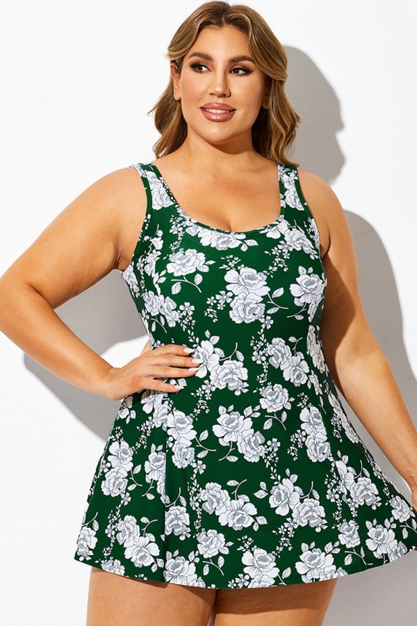Vestido de baño de tirantes con cuello cuadrado y estampado floral verde