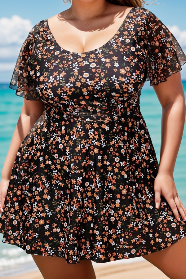 Traje De Baño De Cuello Redondo Y Manga Corta Con Estampado Floral Para Mujer