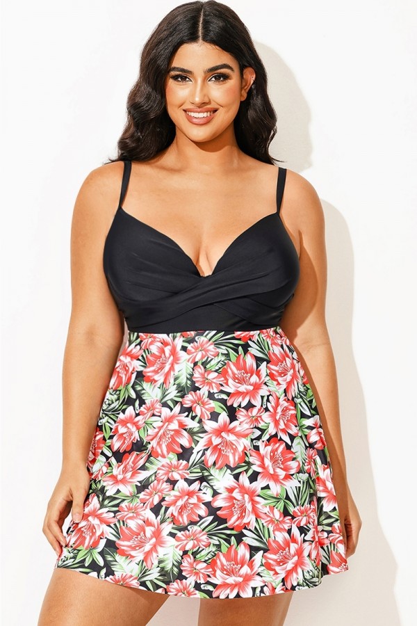 Vestido De Baño Talla Grande Contraste Con Estampado Floral