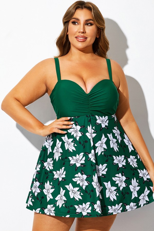 Vestido de baño con cuello en V y estampado floral verde
