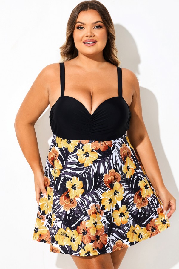 Vestido de baño con cuello en V y estampado floral tropical de talla grande