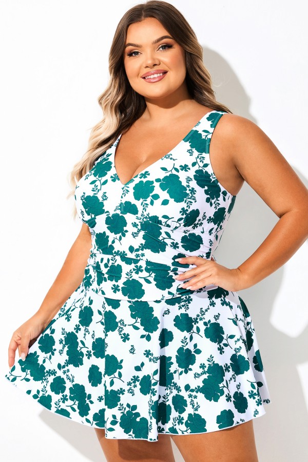 Traje de baño con cuello en V y estampado de rosas verdes de talla grande