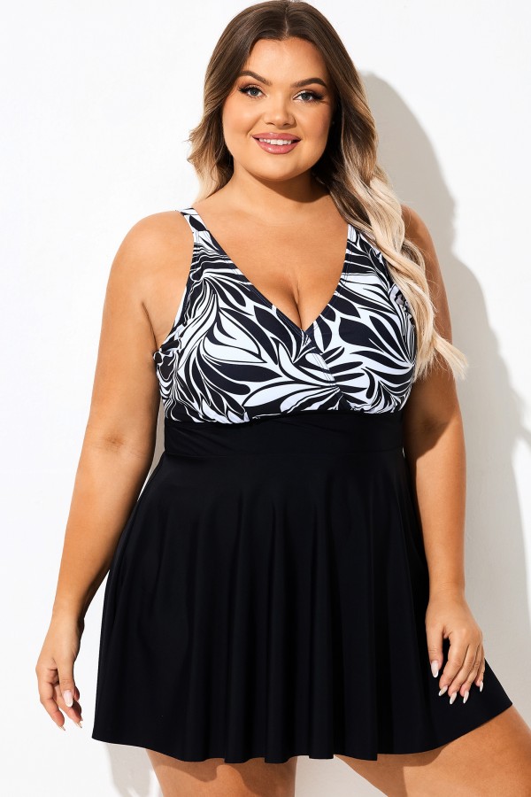 Vestido de baño con cuello en V y estampado floral en blanco y negro
