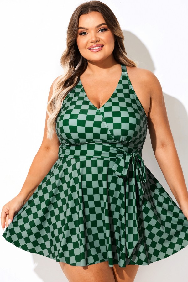 Traje de baño con cuello superpuesto y nudo a cuadros verdes