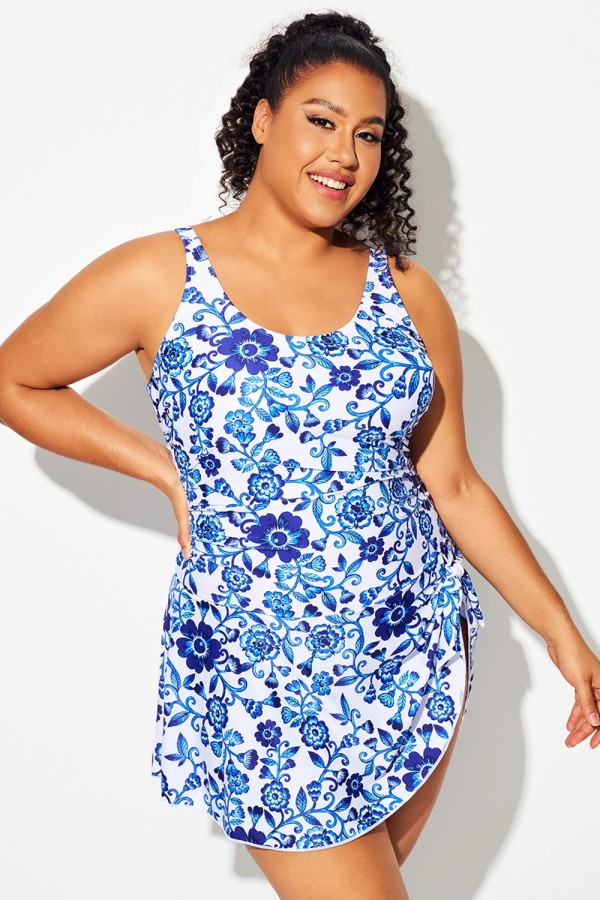 Porcelain Blue Tie Hem Wide Straps Swimdress