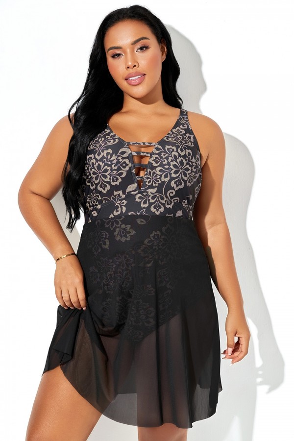 Vestido de baño con paneles, estampado floral dorado, escote en V profundo y dobladillo de malla