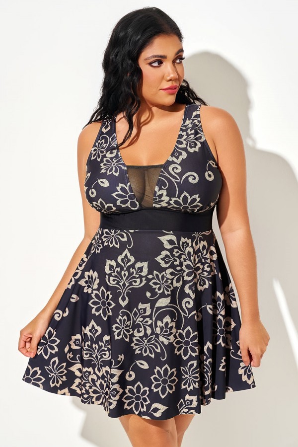 Vestido de baño de malla con estampado floral dorado de talla grande