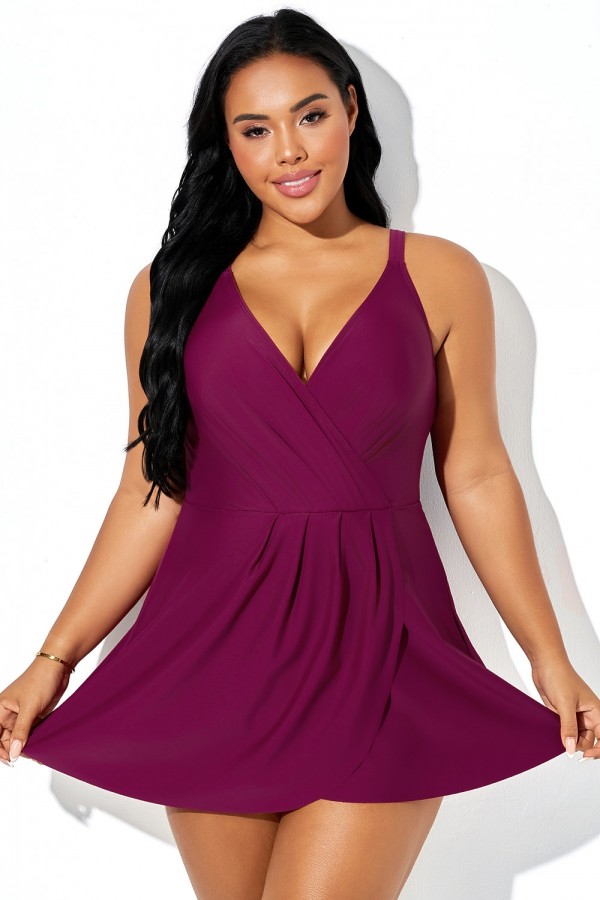 Vestido de baño rojo vino con tirantes cruzados y dobladillo irregular