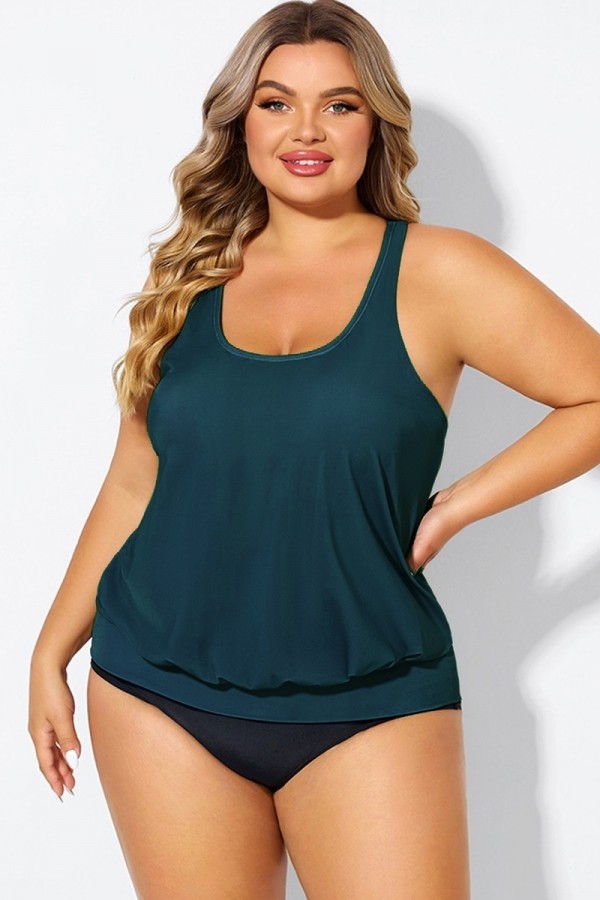 Top Tankini Verde con Espalda Cruzada y Control de Barriga
