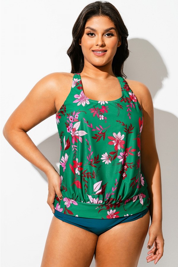 Top Tankini Tipo Blusón con Espalda Cruzada y Estampado Floral Para Controlar el Abdomen