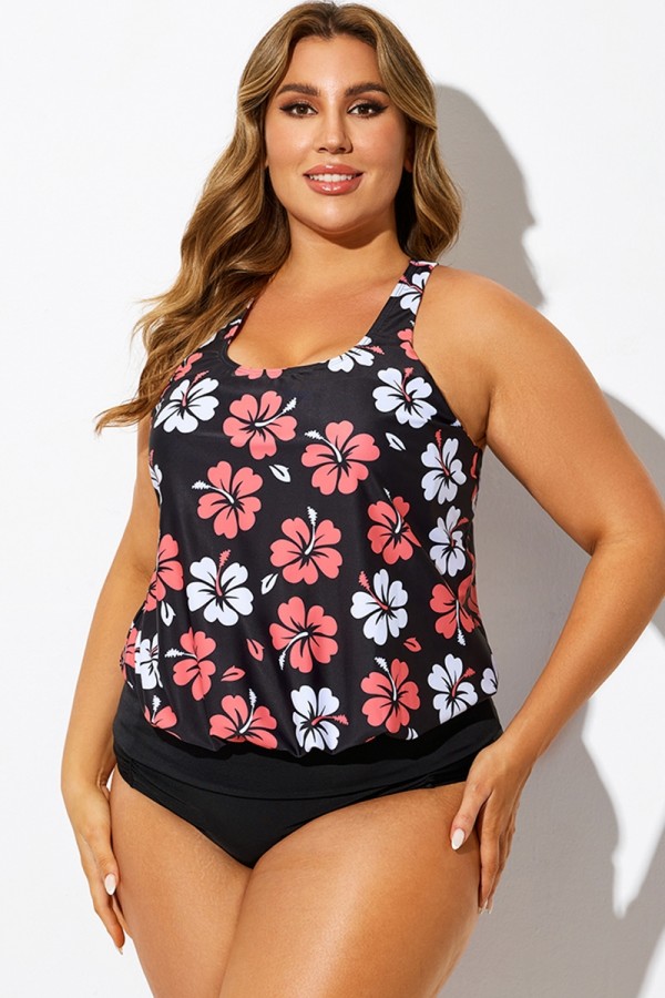 Top tankini tipo blusón con espalda nadadora y control de abdomen con estampado floral