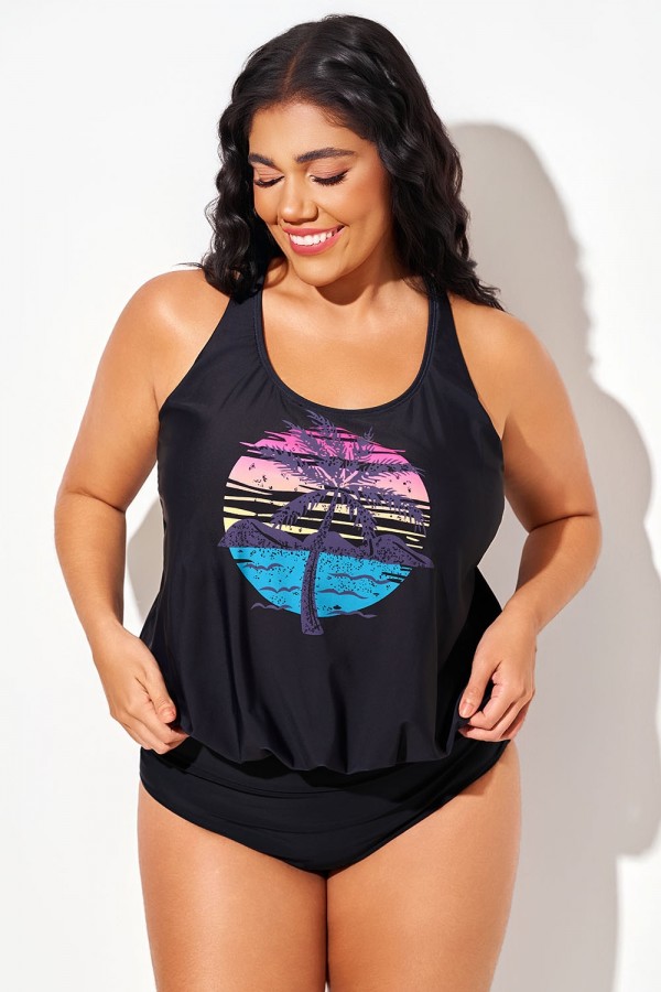 Top tankini tipo blusón con espalda nadadora y tirantes anchos con estampado de isla
