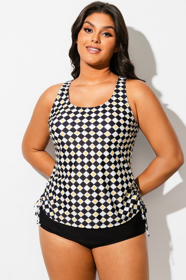 Traje de Baño de Una Pieza con Escote en V y Cuadros en Blanco y Negro