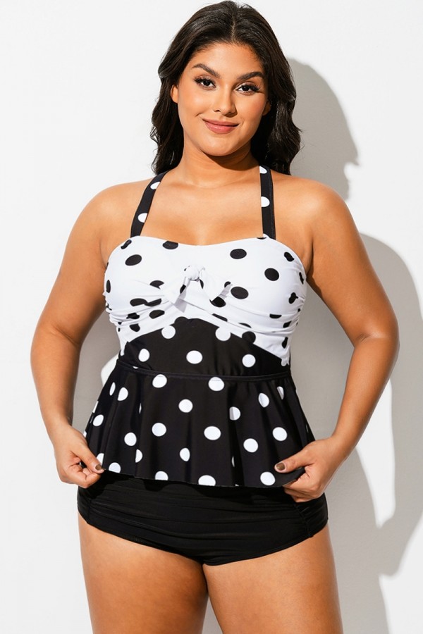 Top Tankini con Peplum y Lazo Delantero con Aros y Lunares