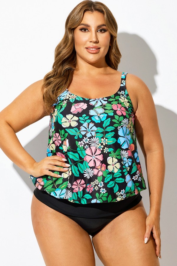 Top tankini tipo blusón con estampado floral de playa