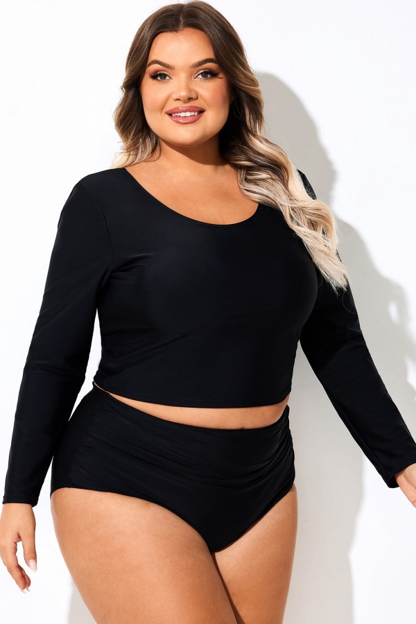 Top tankini negro de manga larga y cuello redondo