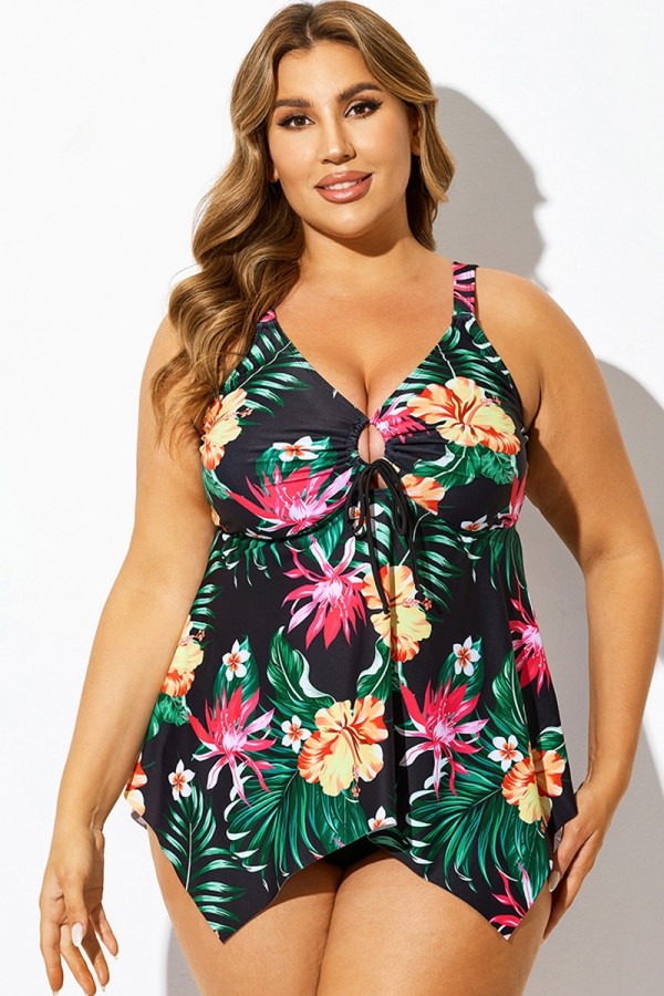 Top tankini con dobladillo anudado y estampado floral negro