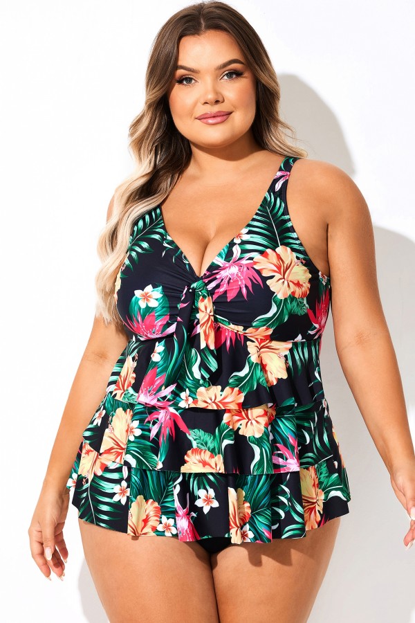 Top tankini negro con volantes y cuello en V con estampado floral