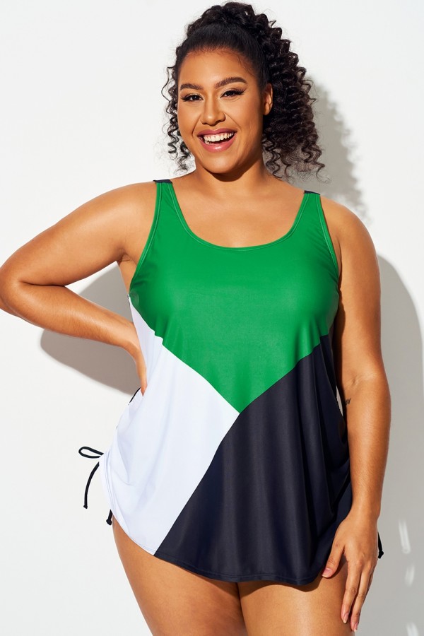 Top Tankini Con Cordón Y Bloques De Color Verde