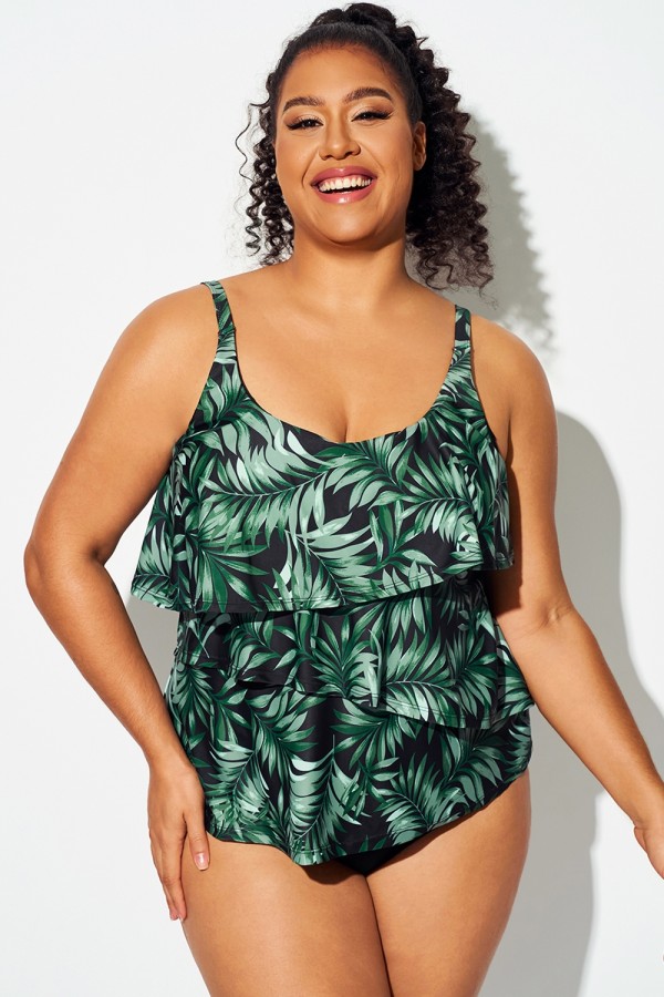 Top Tankini Con Cuello En V Y Volantes Irregulares De Hojas Verdes Para Mujer