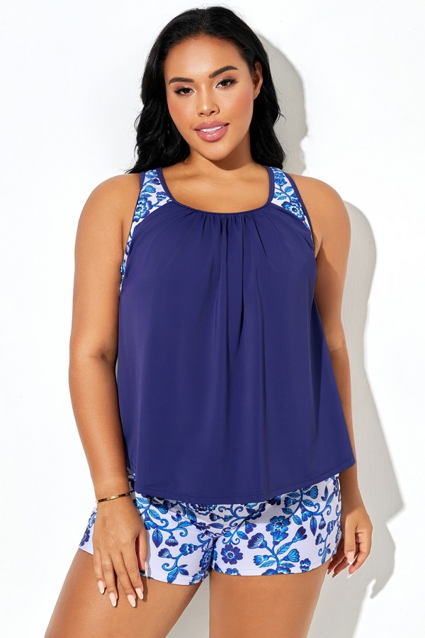 Top de tankini con espalda cruzada y estampado floral azul porcelana