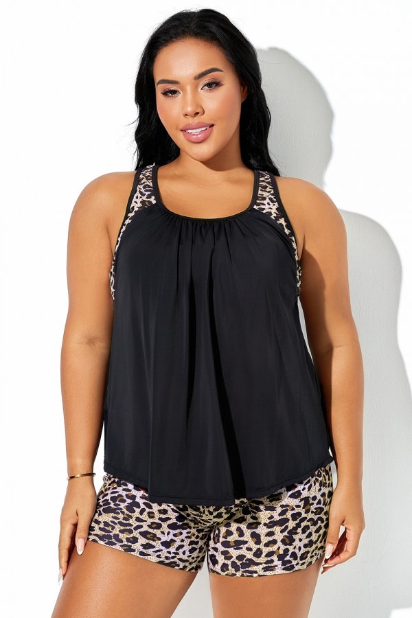 Top tankini con espalda nadadora y costuras con estampado de leopardo y negro