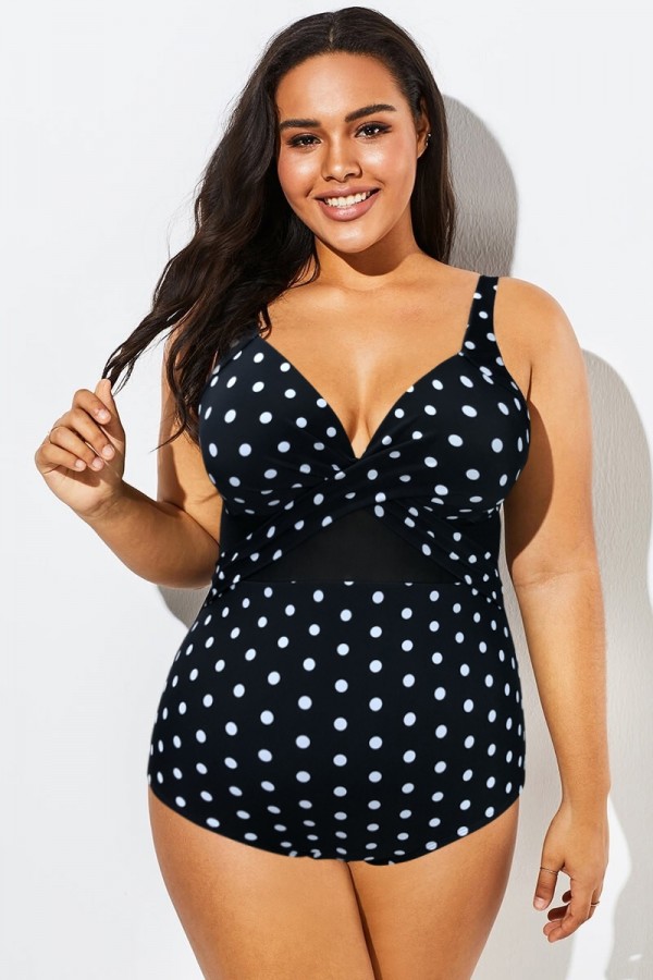 Traje de baño de una pieza con escote en V y lunares