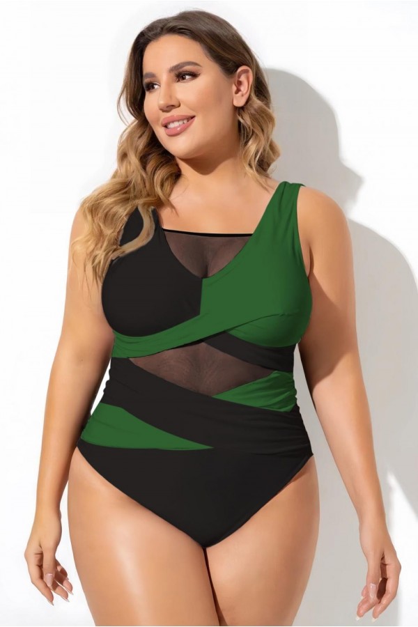 Traje de baño de una pieza de malla sexy con recortes en verde y negro