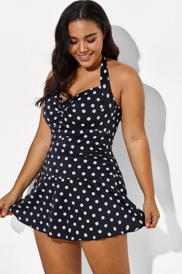 Vestido de Baño Negro Sexy Cabestro Polca Punto con Escote Corazón Dulce