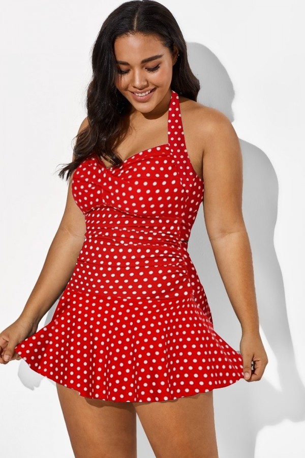 Traje de Baño Rojo Polca Punto Cabestro Torcida Frontal