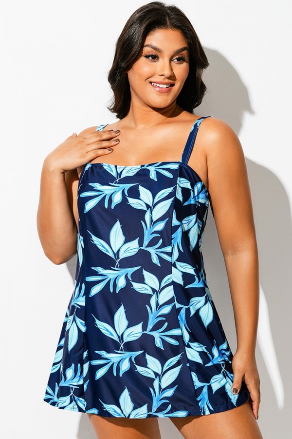 Bañador Elegante con Escote Cuadrado y Estampado de Hojas Azules Para Mujer