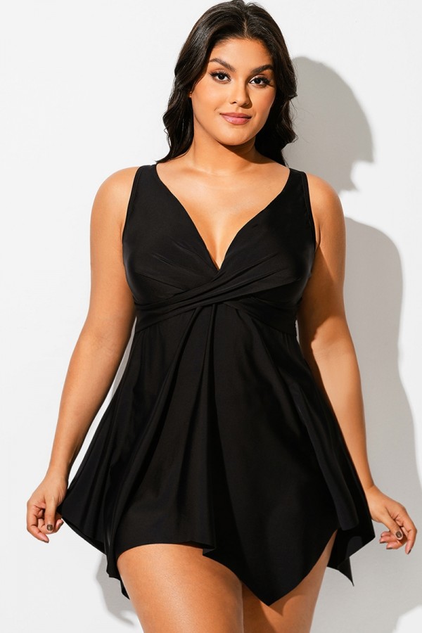 Traje de Baño Negro Retro Cruzado con Tirantes Anchos Ajustables