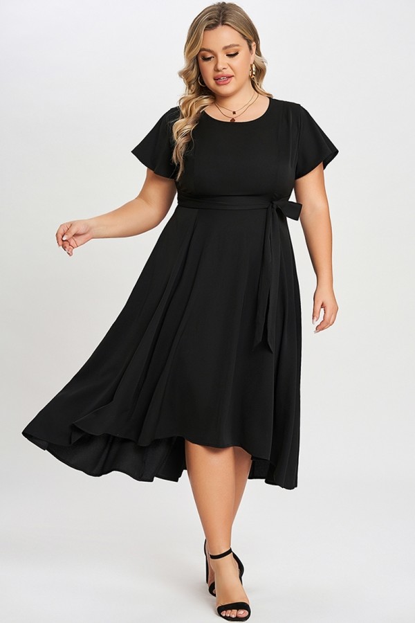 Vestido Negro Mediano Cuello Redondo con Alto-bajo Bolsillos Dobladillo