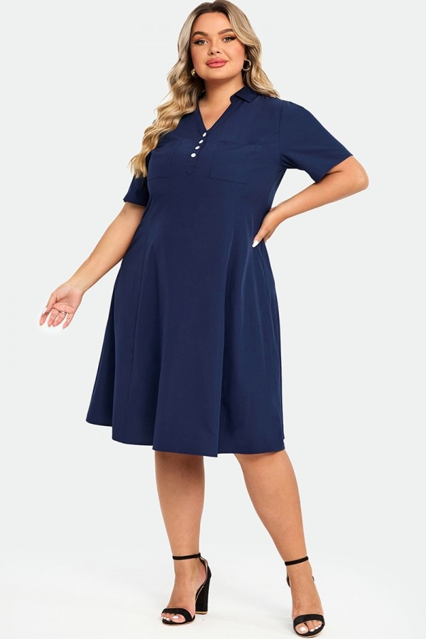 Vestido Polo Azul Marino de Bolsillos Delanteros con Mangas Cortas