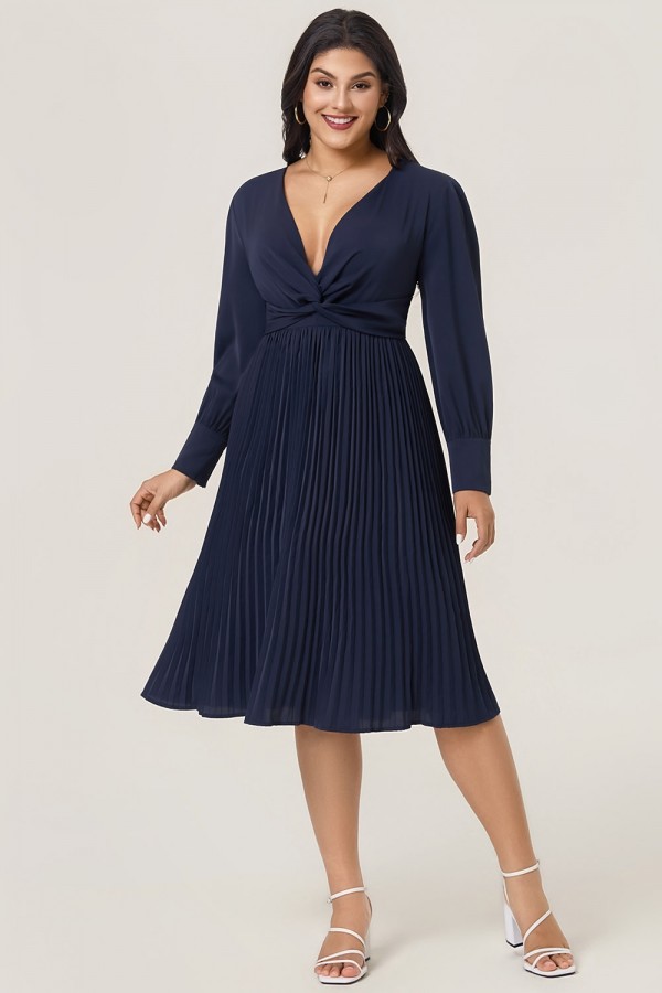 Vestido Azul Marino V-cuello Estilo Jersey de Manga Larga con Nudo Frontal