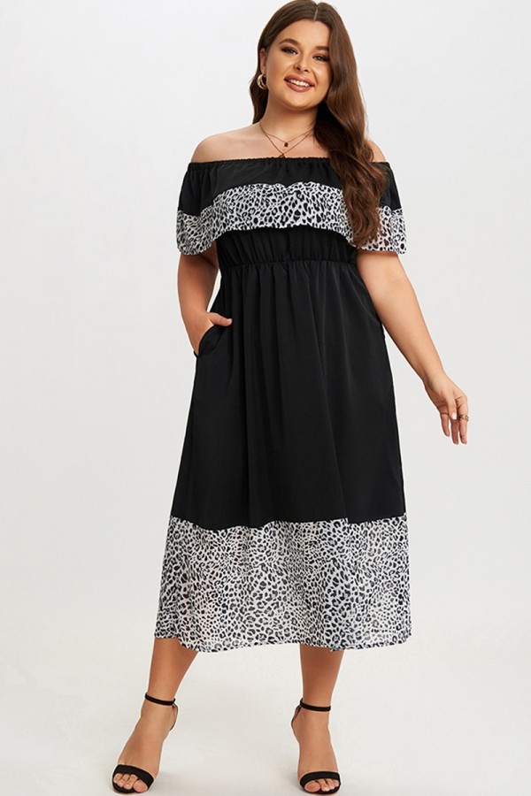 Vestido Largo Negro con Leopardo sin Hombros