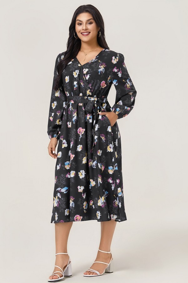 Vestido Midi Negro V-cuello de Manga Larga con Floral