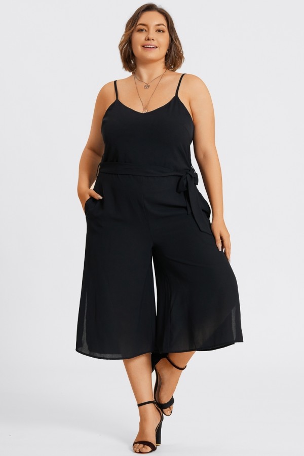 Vestido Culottes Fácil Negro de Talla Grande sin Mangas