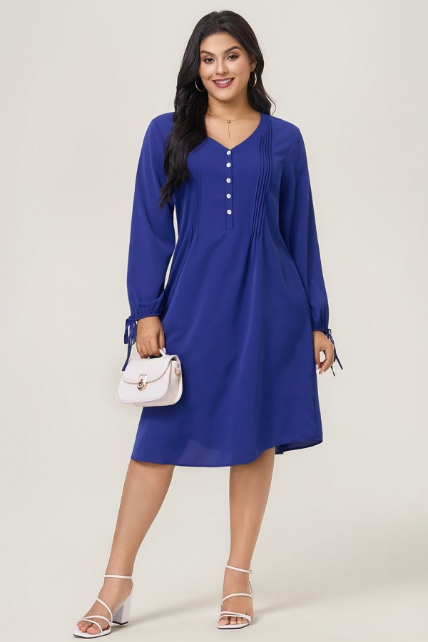 Vestido Midi Azul Marino V-cuello Camisa Lisa con Corbata