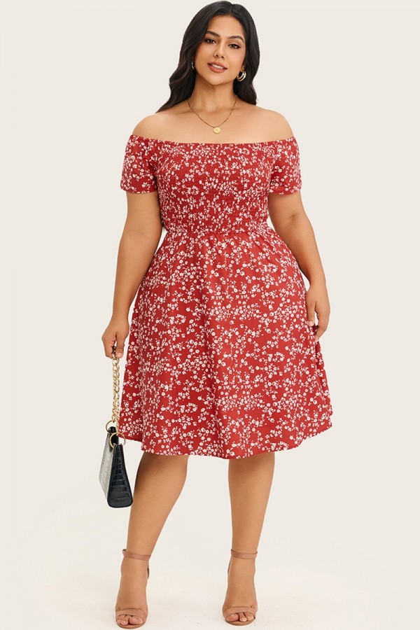 Vestido midi súper suave con hombros descubiertos y estampado de frambuesa