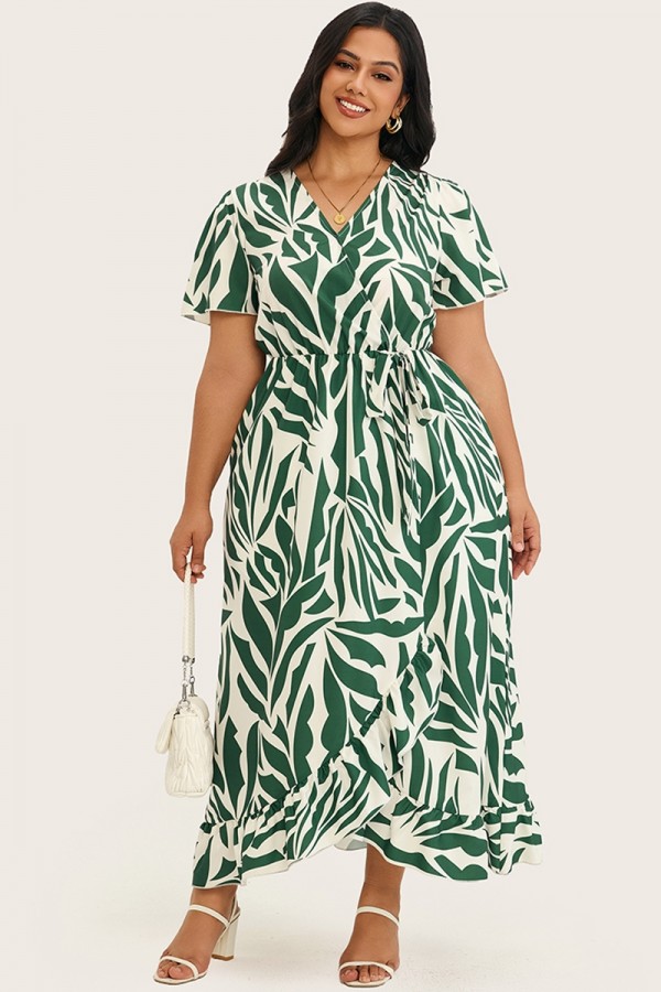 Vestido largo estampado al azar con nudo y volantes florales