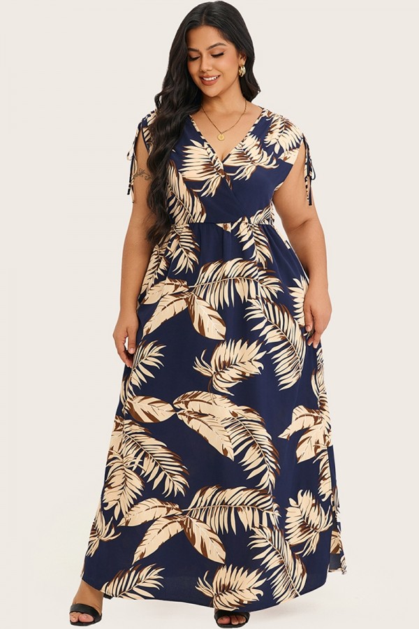 Vestido largo dividido con cuello en V y estampado floral para mujer