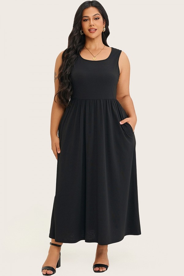 Vestido largo sin mangas fruncido negro liso