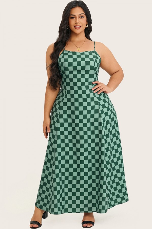 Vestido camisero largo trapecio a cuadros verde