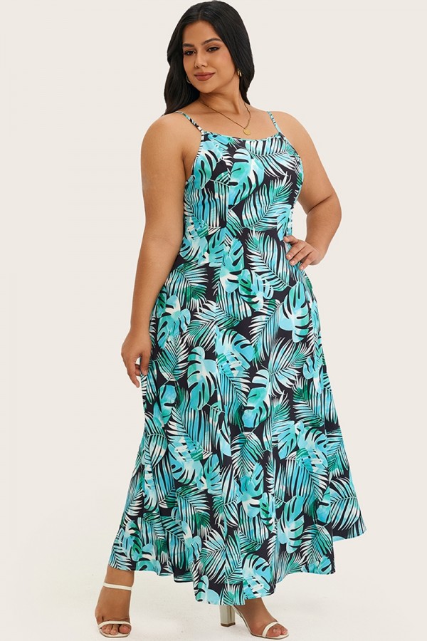 Vestido camisola largo trapecio con estampado de palmeras verde