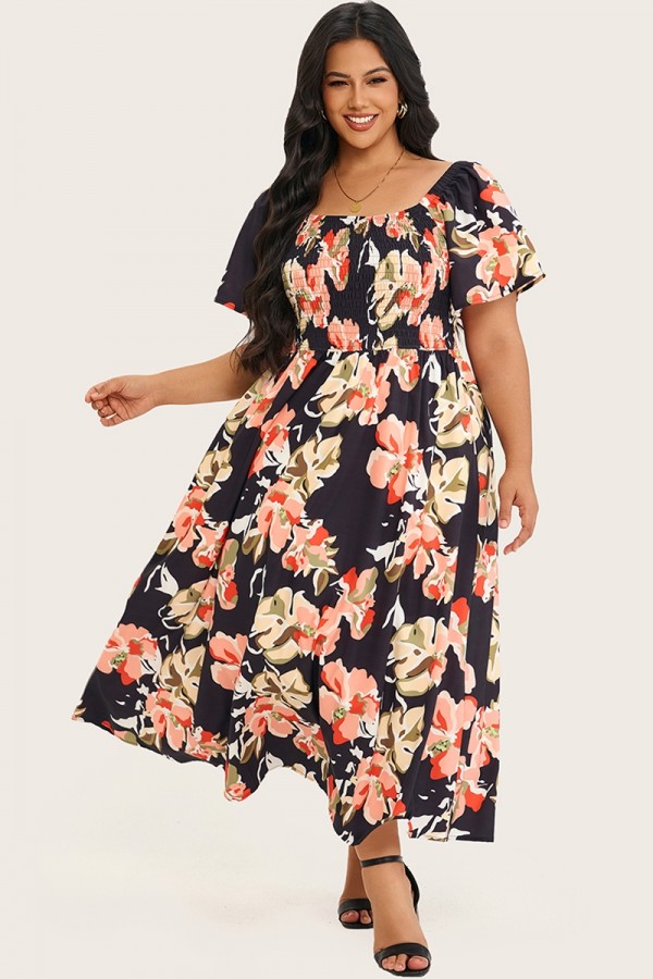Vestido largo floral fruncido con cuello cuadrado y bolsillo