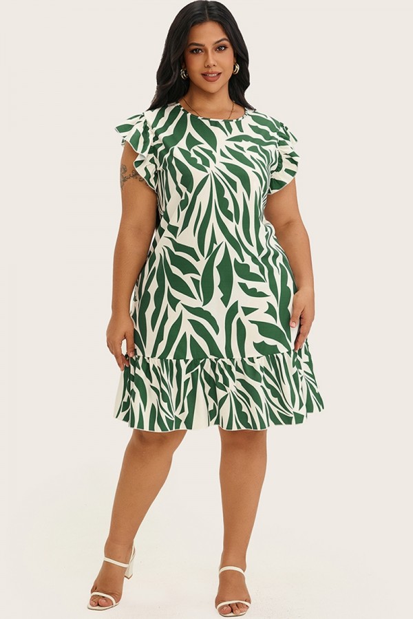 Vestido midi con estampado botánico y manga japonesa con cuello redondo