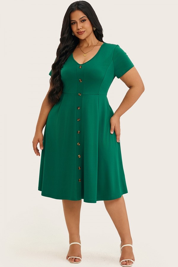 Vestido midi con cuello en V y botones verde